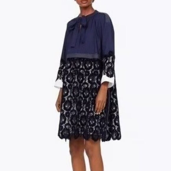 Tory Burch FW18 Runway Navy Lace Velvet Dress Bow Neck Babydoll Dress M NWT - Picture 2 of 9